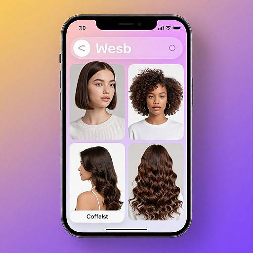 Photograph of a smartphone displaying a beauty app interface with four hairstyle options: straight, curly, wavy, and coiffed, against a gradient