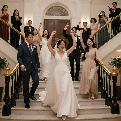 Joyful Bride Dancing Down Grand Staircase