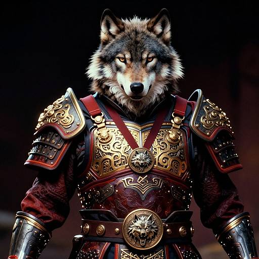 Digital artwork of a fierce anthropomorphic wolf in ornate, gold and red medieval armor, with intense yellow eyes, standing against a dark background.
