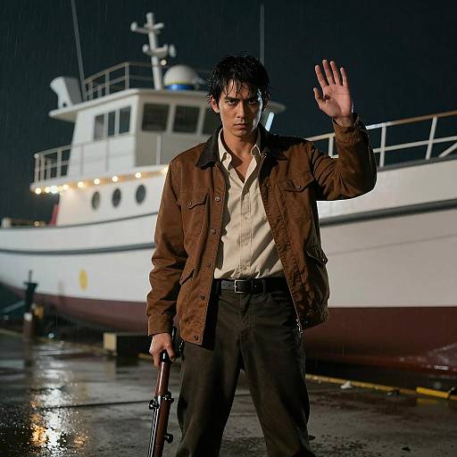 Intense Man with Rifle by Lit Boat