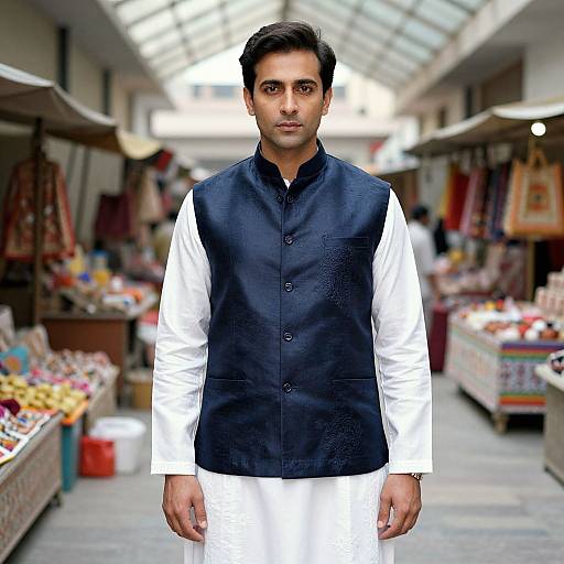 Photograph of a young South Asian man with short black hair, wearing a black and white traditional vest and white shalwar, standing in a brightly
