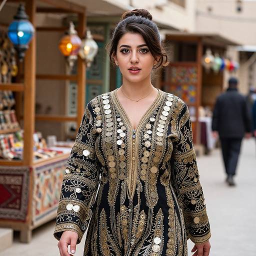 Photograph of a confident South Asian woman with dark hair in an updo, wearing an intricately embroidered black and gold traditional dress, walking through a