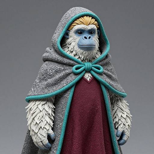 Digital art of a blue-faced, white-furred anthropomorphic monkey wearing a grey hooded cloak with turquoise trim over a maroon robe.
