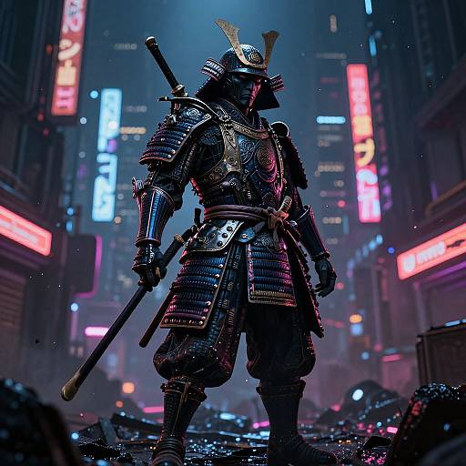Digital illustration of a samurai in detailed, dark armor standing in a neon-lit, futuristic city street, holding a sword.