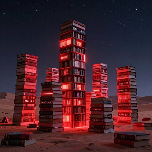 Photograph of glowing red-lit book towers stacked in a desert at night, with starry sky background, labeled with names like 