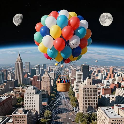 Photograph-style CGI: Colorful balloon bouquet with smiling balloon floats above a cityscape, featuring skyscrapers, moonlit sky, and two moons