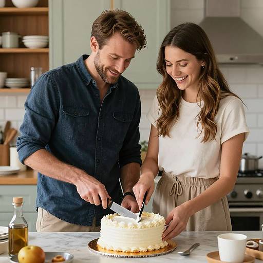 Photograph of a smiling couple with light brown hair, wearing casual clothes, cutting a white frosted cake in a bright, modern kitchen.