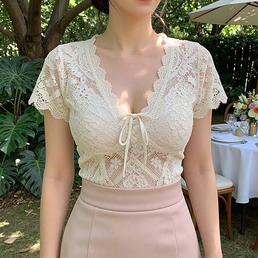 Photograph of an Asian woman in a sunlit garden, wearing a white lace crop top with a bow and beige high-waisted skirt, standing