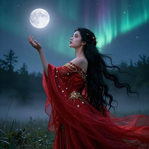 Photographic fantasy image of a fair-skinned woman with long black hair, in a flowing red gown, gazing at a full moon under the Northern