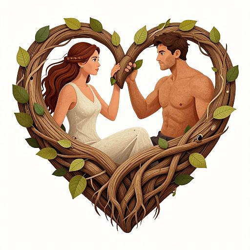 Digital illustration of a shirtless muscular man and a woman in a white dress, holding a heart-shaped wooden wreath with green leaves, gazing at