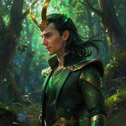 Digital fantasy artwork of a dark-haired, muscular man with a gold horned helmet, intricate armor, and green tattoos, standing in a luminous,