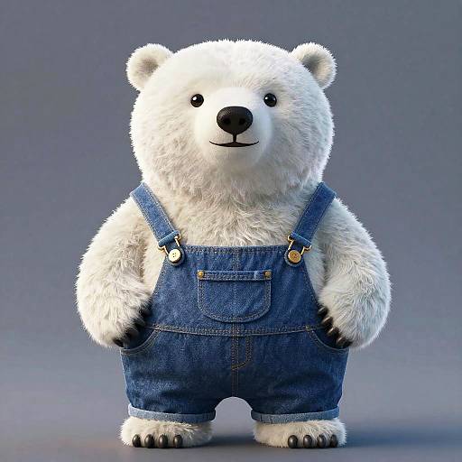 CGI image of a cute, fluffy white bear wearing blue denim overalls, standing against a gradient gray background, with a friendly expression.