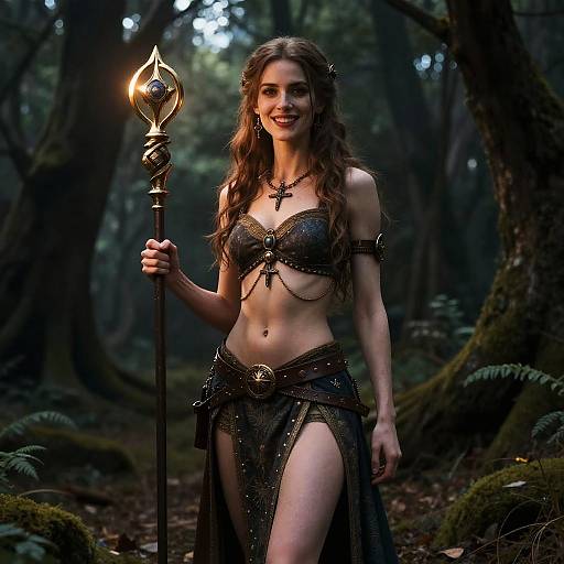 Realistic Fantasy Mage Woman in Dark Forest