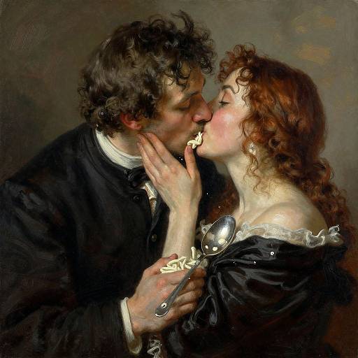 Romantic oil painting of a curly-haired man and a curly-haired woman passionately kissing, the woman holding a spoon to his mouth.