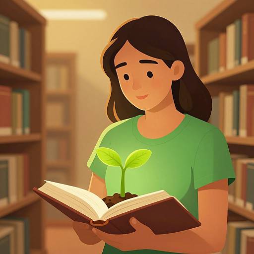 Digital illustration of a young woman with long black hair, green shirt, reading an open book with a glowing green plant inside. Library background with booksh