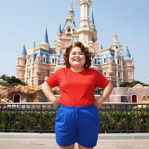 Smiling woman in red shirt by Disney castle