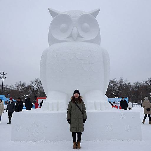 Woman in Front of Giant Owl Snow Sculpture
