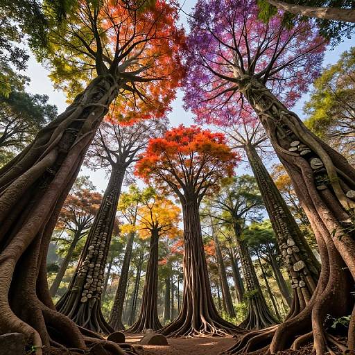 Photograph of a vibrant forest with tall, thick-trunked trees showcasing colorful autumn leaves in red, orange, purple, and yellow, under a