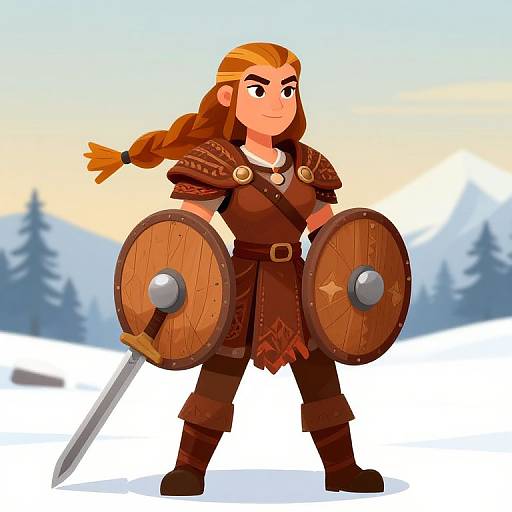 Digital drawing of a confident female Viking warrior with long red braid, brown armor, two wooden shields, and a sword, standing in a snowy forest