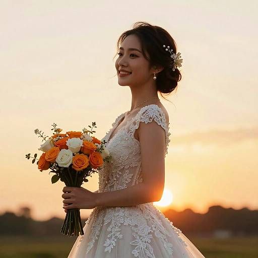 Photograph of a smiling Asian bride in an ornate white lace wedding dress holding a bouquet of orange and white roses at sunset.