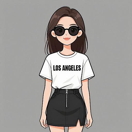 Digital drawing of a young woman with long brown hair, black sunglasses, white 