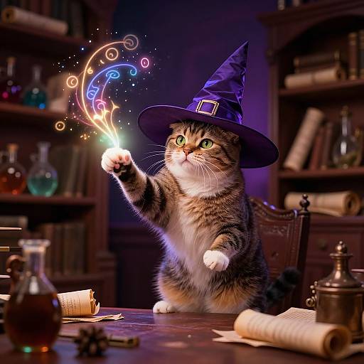 Photograph of a tabby cat in a purple witch hat, casting a colorful magical spell with its paw in a dimly lit, cluttered library
