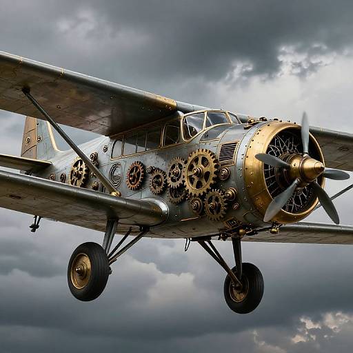 Steampunk-style vintage aircraft with exposed brass gears and golden trim, flying against a dramatic, cloudy sky. Photorealistic digital art.