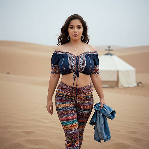 Photograph of a curvy, dark-haired woman with medium skin in a bohemian black crop top and colorful, patterned pants, holding a