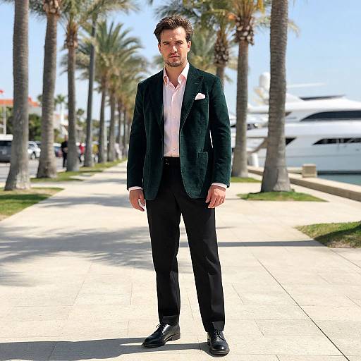 Photograph of a handsome, bearded man in a dark green velvet blazer, white shirt, black pants, and black shoes standing on a sunny