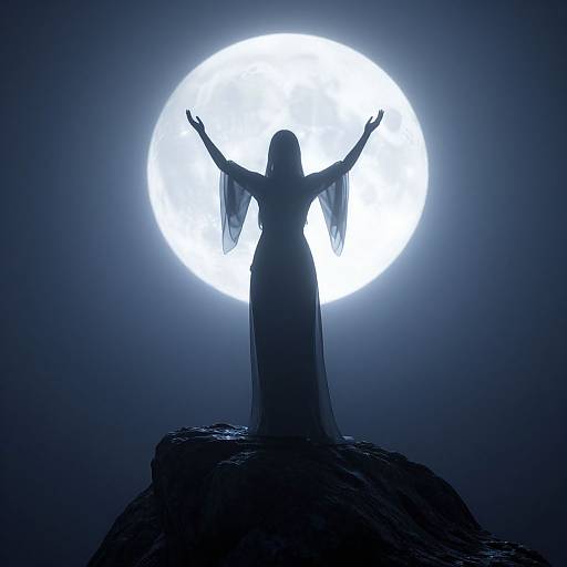 Silhouetted figure with arms raised, wearing a long, flowing dress, stands on a rock against a glowing full moon.