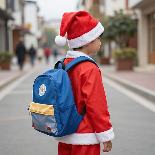 Photograph of a young boy in a Santa outfit, red hat, blue backpack, standing on a blurred city street, looking away.