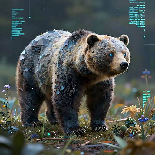 Digital artwork of a cyber-bear with glowing blue eyes and a geometric, crystalline back, standing in a vibrant, flower-filled forest.