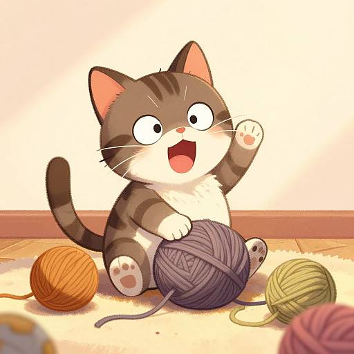Adorable cartoon cat with brown and white fur, wide eyes, and open mouth sitting on the floor, joyfully playing with colorful yarn balls. Digital