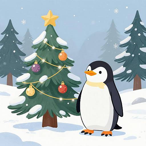 Penguin with Decorated Christmas Tree in Snowy Winter