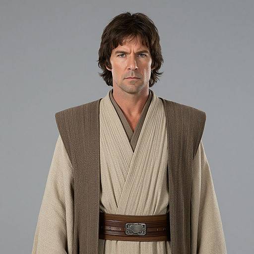Photograph of a serious-looking man with dark hair, wearing a beige Jedi robe with brown vest and belt, against a plain blue background.