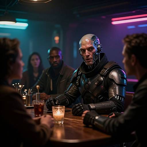 Photograph of a futuristic, armored man with a cybernetic head, sitting at a dimly-lit bar with neon lights, engaging in conversation