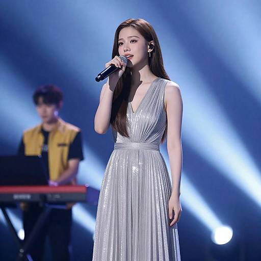 Young Woman Singing on Stage in Silver Dress