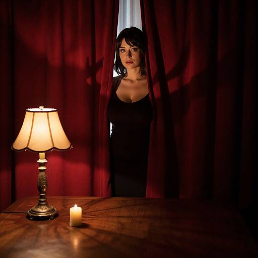 Photograph of a woman with dark hair and red lipstick, standing behind red curtains, illuminated by a lit lamp and candle, in a dimly lit
