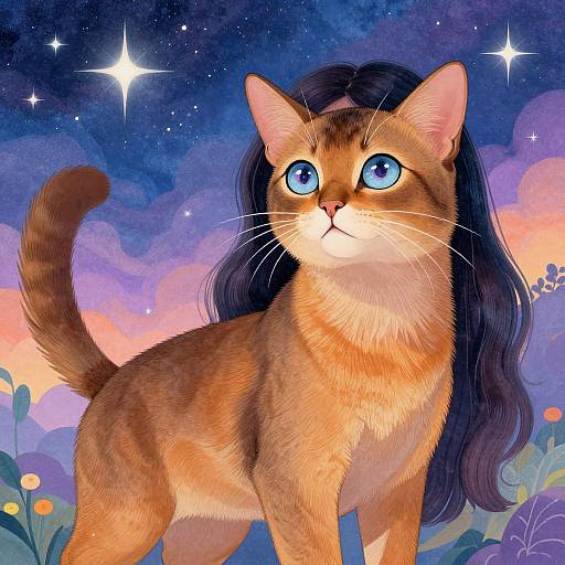 Digital art of an orange tabby cat with blue eyes and long black hair, standing under a starry, colorful sunset sky.
