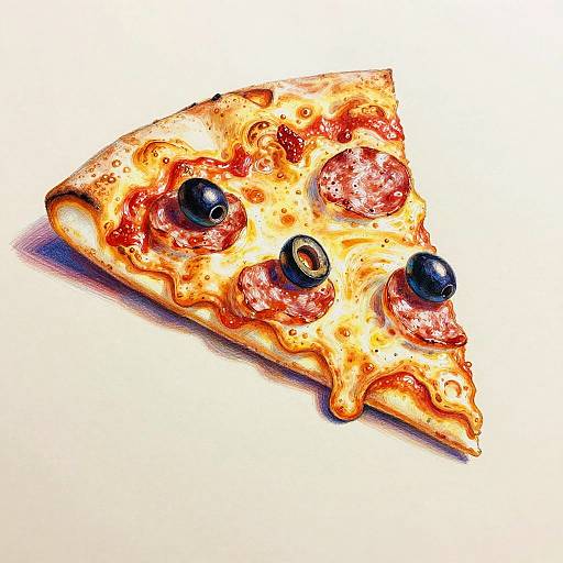 Illustration of a pepperoni and olive slice of pizza on a white background, featuring vibrant colors and detailed textures.