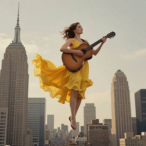 Photograph of a woman with flowing brown hair, wearing a yellow dress, mid-air, playing an acoustic guitar against a cityscape with tall skyscrap