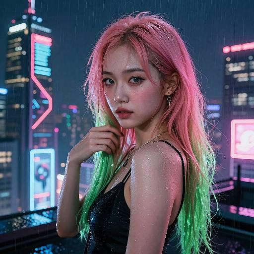 Cyberpunk Neon Girl on Rooftop