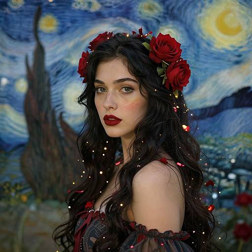 Digital artwork of a fair-skinned woman with dark curly hair, red roses in her headband, wearing a red dress, against Vincent van Gogh