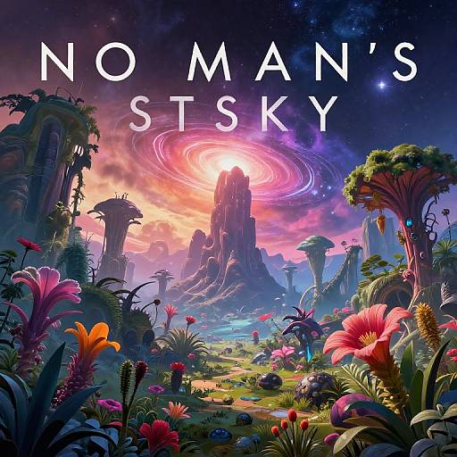 Digital art of vibrant, alien landscape with colorful flowers, towering ruins, and a glowing, pink-ringed sun. Text reads 