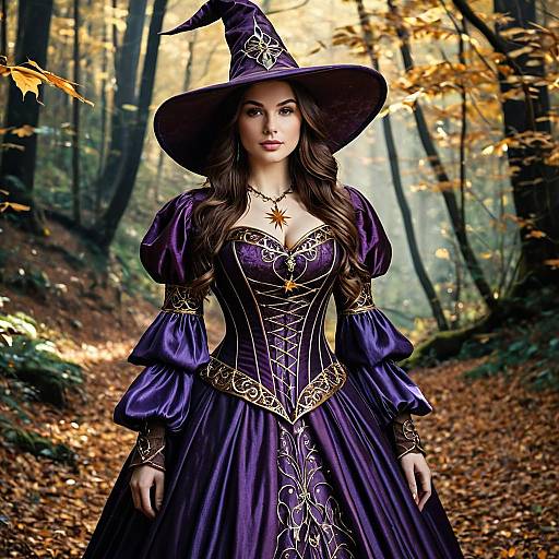 Woman in Detailed Purple Witch Costume in Enchanted Forest