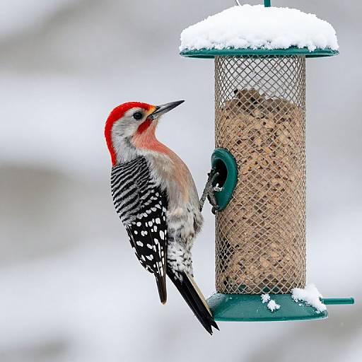 Photograph of a colorful woodpecker with red head and black-and-white striped wings, feeding from a snow-covered bird feeder in a snowy background.