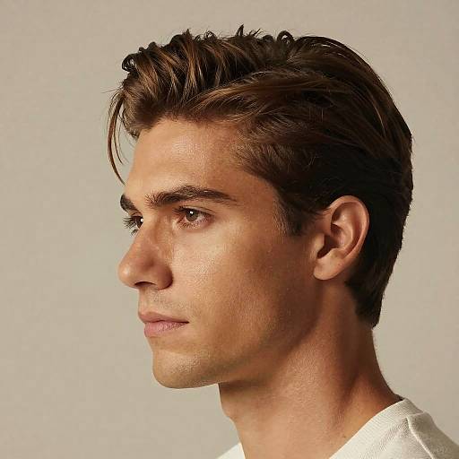 Photograph of a young Caucasian man with styled brown hair, light skin, brown eyes, and a focused expression against a plain gray background. Wearing