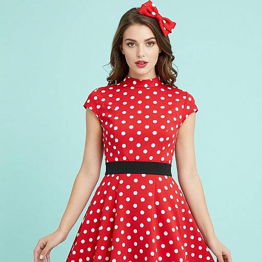 Photograph of a fair-skinned woman with brown hair, wearing a red polka dot dress, black waistband, red bow headband, against
