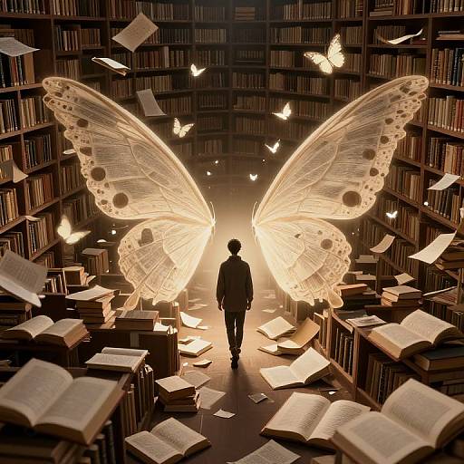 Silhouetted figure with glowing butterfly wings walks through a library filled with floating books and butterflies. Digital art.