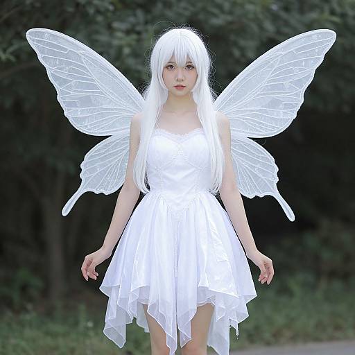 Photograph of a pale-skinned woman with long white hair, wearing a white dress and translucent fairy wings, standing in a dark forest.